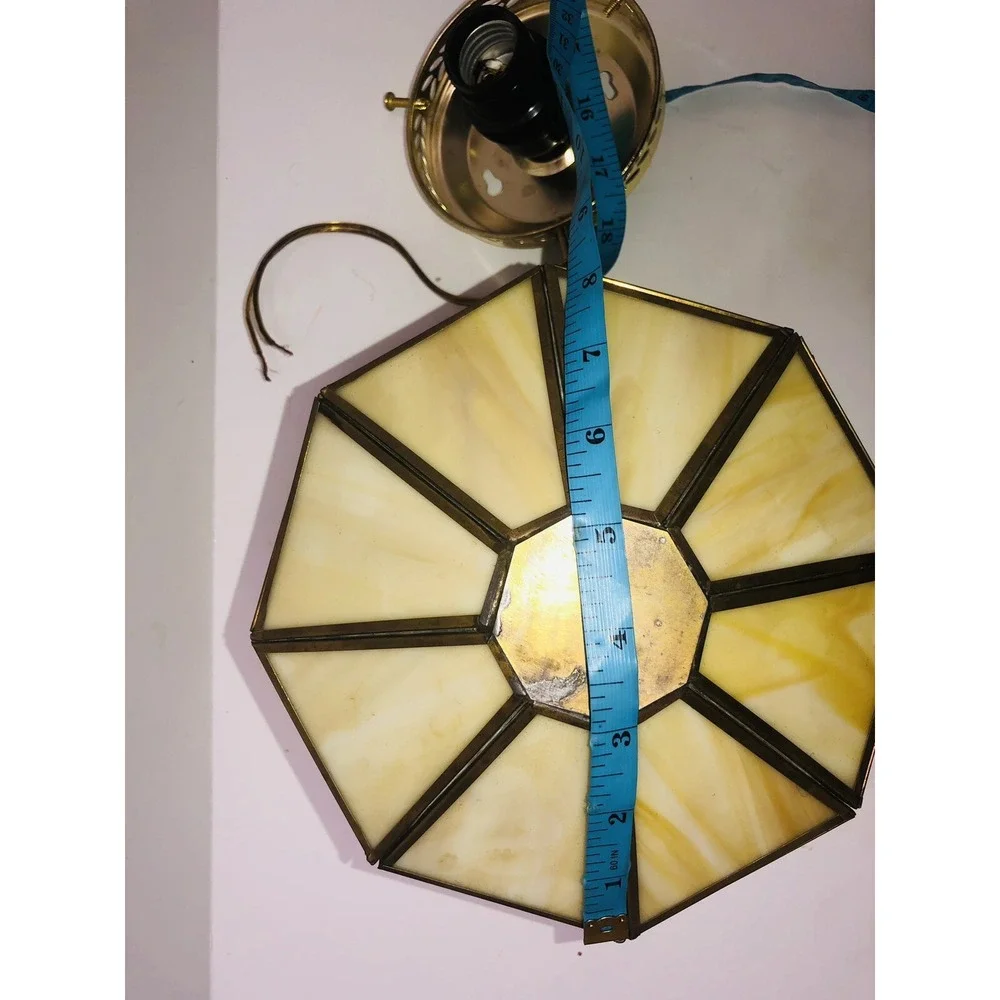 Vintage Amber Caramel Stained Glass Panels Lamp‎ Shade Ceiling Hanging Octagon
